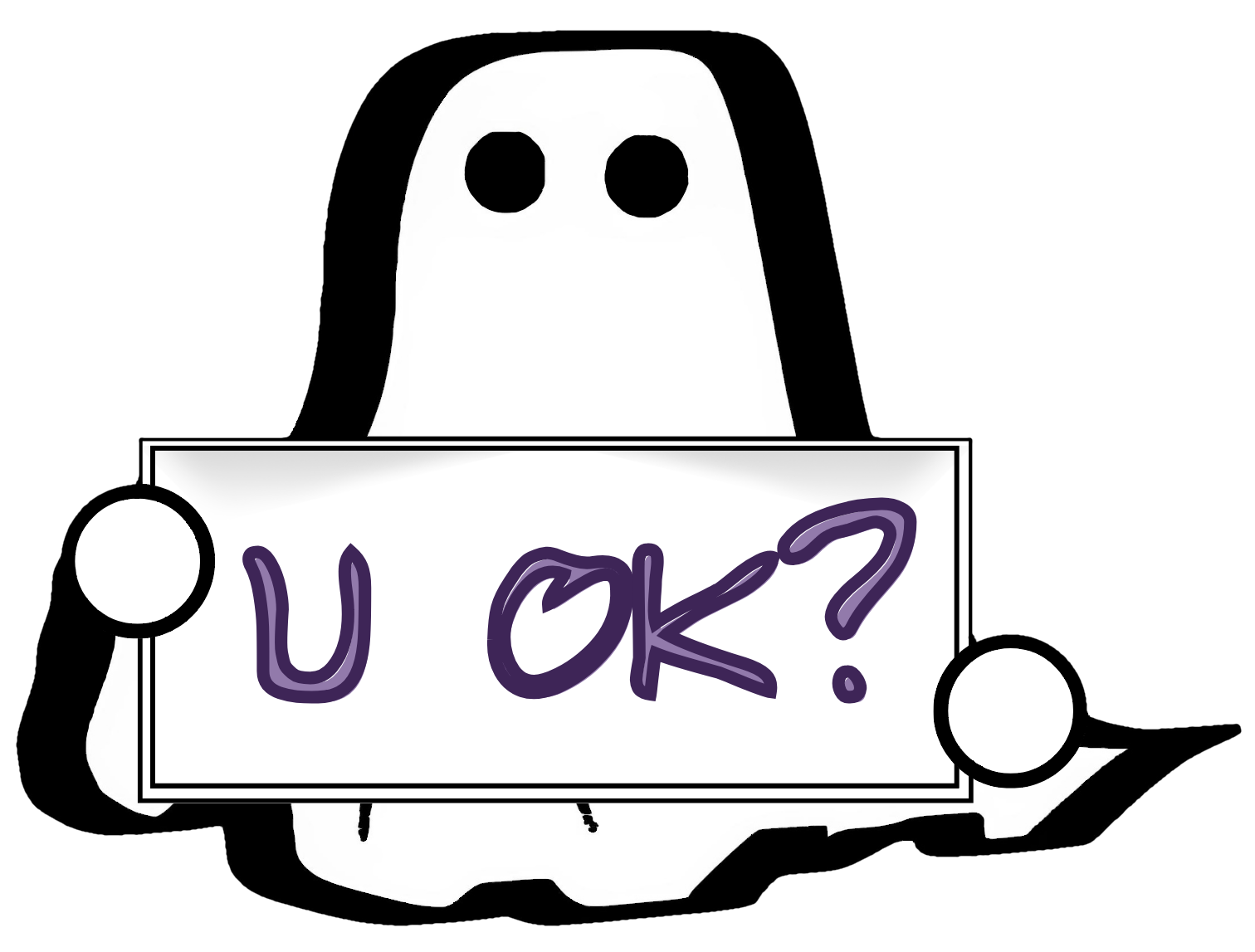 Cartoon ghost holding a purple “U OK?” sign. Friendly visual for emotional check-ins or mental health awareness.